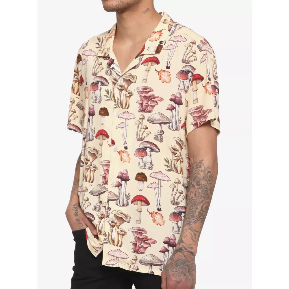 Unisex Mushroom Large Camp Shirt Psychedelic Hippie Artsy Bohemian Grunge Retro